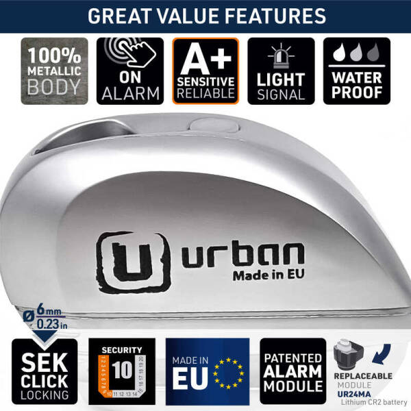 URBAN SECURITY UR22 VESPA UYUMLU ALARMLI DİSK KİLİDİ 6MM PİM - 6